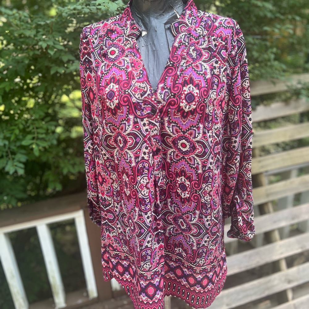 Tacera Pink and White Blouse with Mandarin Collar